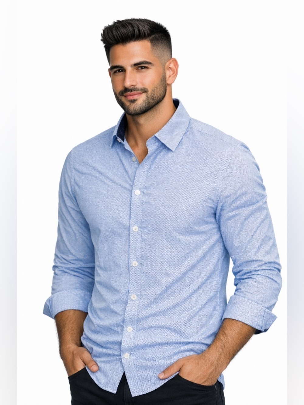 Nine West Light Blue Microdot Dress Shirt with Navy Contrast dress shirt